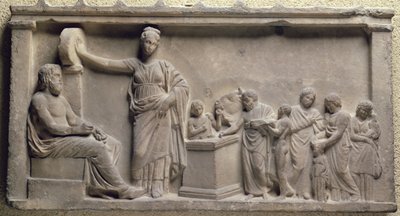 Votive relief depicting a family sacrificing a bull to Asclepius, the god of health and his daughter, Hygieia by Unbekannt Unbekannt